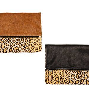 FoldOver Genuine Leather Clutch with Cheetah Print